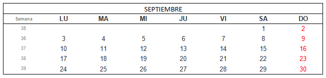 calendario de septiembre 2018