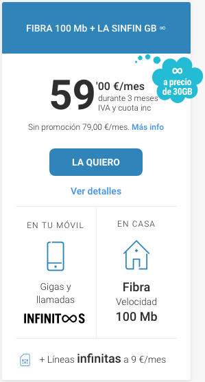 Tarifa Yoigo Fibra 100MB + la sinfin GB infinitos