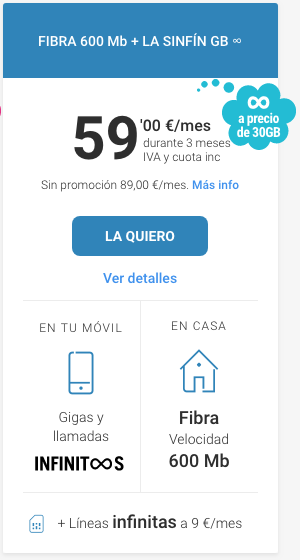 Tarifa Yoigo Fibra 600MB + la sinfin GB infinitos