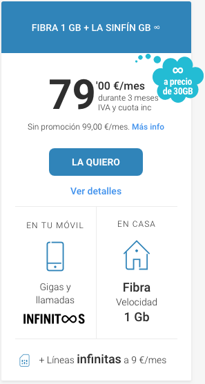 Tarifa Yoigo Fibra 1GB + la sinfin GB infinitos