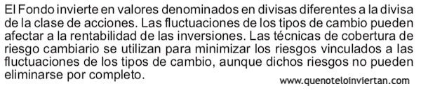 El Fondo invierte en valores denominados en divisas diferentes a la divisa de la clase de acciones. Las fluctuaciones de los tipos de cambio pueden afectar a la rentabilidad de las inversiones. Las técnicas de cobertura de riesgo cambiario se utilizan para minimizar los riesgos vinculados a las fluctuaciones de los tipos de cambio, aunque dichos riesgos no pueden eliminarse por completo.