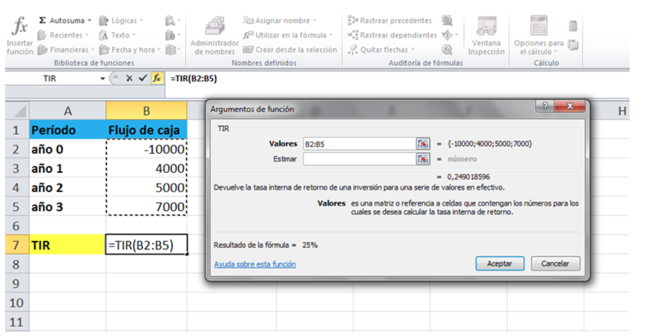 TIR: Ejemplo en excel