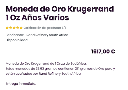 Precio de venta de un Krugerrand 1oz el 31/03/2020