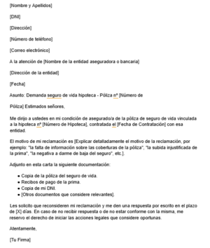 Modelo de reclamación seguro de vida hipoteca