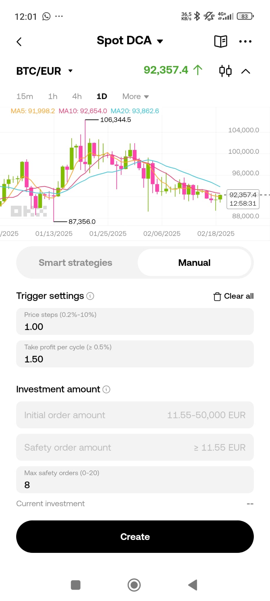 DCA megbízás létrehozása az OKX alkalmazásban