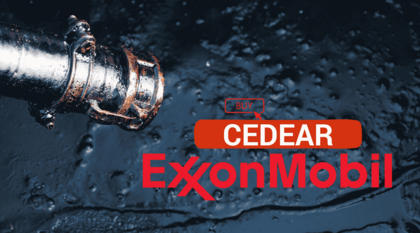 Imagen que muestra petróleo y un rectangulo que pone cedear el logo de exxon mobil