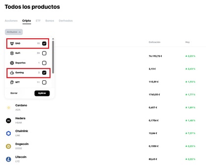 filtrado criptomonedas en Trade Republic