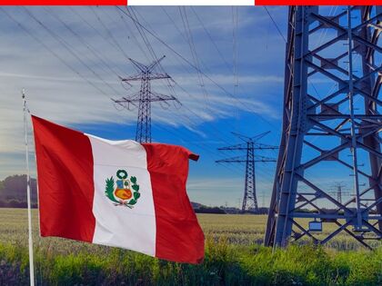 Torre de energía y bandera de Perú superpuesta.