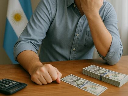 Hombre con dolares sobre la mesa y la bandera argentina en el fondo