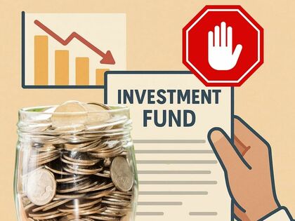 Un tarro con monedas, una hoja que pone investment funds, gráficos bajistas y signos de stop