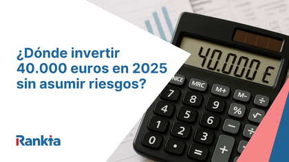 Calculadora con 40.000 € en pantalla sobre documentos financieros con gráficos y tablas, representando opciones seguras para invertir 40.000 euros.