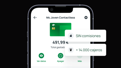 Captura de pantalla de la app de Unicaja mostrando una tarjeta sin comisiones y acceso a más de 14.000 cajeros desde el móvil