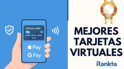 Ilustración digital de una tarjeta virtual en un smartphone, con diseño moderno estilo fintech, botones de Apple Pay y Google Pay.