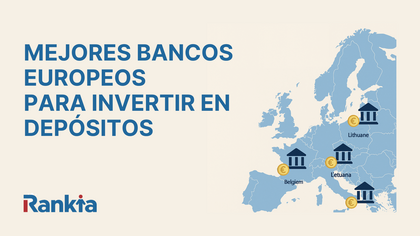 Ilustración de un mapa de Europa con iconos de bancos marcando países como Italia, Eslovaquia y Lituania, donde se encuentran los mejores bancos europeos para invertir en depósitos.