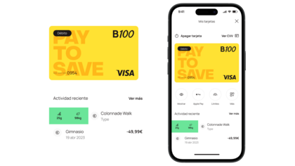 Imagen de la tarjeta B100 Pay to Save en versión física y digital mostrada en un smartphone, junto a opciones virtuales para compras online.