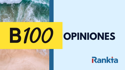 Imagen ilustrativa de B100 opiniones con el logo de Rankia sobre fondo de mar y arena, destacando la review de las cuentas B100