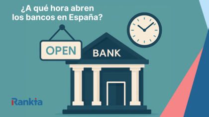 Ilustración minimalista de un banco con un reloj y un cartel abierto, representando el horario de apertura de los bancos en España Ilustración minimalista de un banco con un reloj y un cartel abierto, representando el horario de apertura de los bancos en España