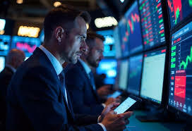 Hombres analizando gráficos en pantallas múltiples dentro de una sala de operaciones financiera.
