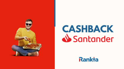 Hombre joven comiendo pizza feliz por ahorrar con el programa Cashback Santander Hombre joven comiendo pizza feliz por ahorrar con el programa Cashback Santander