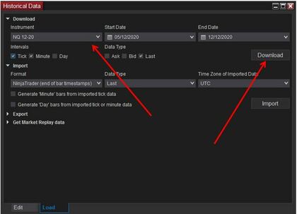 Interfaz de NinjaTrader mostrando la selección de instrumento, fecha e intervalos para preparar una sesión de Market Replay Interfaz de NinjaTrader mostrando la selección de instrumento, fecha e intervalos para preparar una sesión de Market Replay