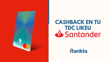 Imagen promocional del cashback en la tarjeta de crédito LikeU Santander con logotipo y diseño de Rankia Imagen promocional del cashback en la tarjeta de crédito LikeU Santander con logotipo y diseño de Rankia
