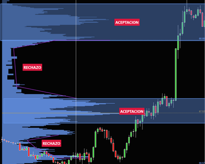 Gráfico con perfiles de volumen que muestran zonas de aceptación y rechazo institucional en el mercado.