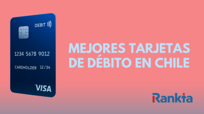 Imagen ilustrativa de una tarjeta de débito digital moderna sobre fondo coral, con el texto “Mejores tarjetas de débito en Chile” y el logo de Rankia