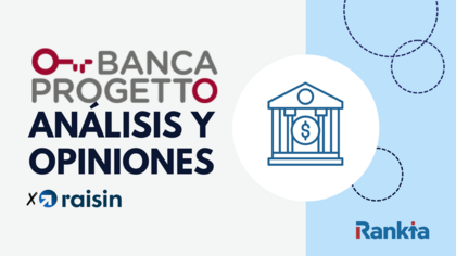 Infografía con el logo de Banca Progetto y el texto "análisis y opiniones" para usuarios en España interesados en contratar su depósito vía Raisin