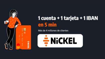 Ilustración de una mujer con una tarjeta Nickel naranja y texto que indica “1 cuenta + 1 tarjeta + 1 IBAN en 5 min, más de 4 millones de clientes”, junto al logo oficial de Nickel