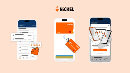 Imagen con tres teléfonos móviles mostrando operaciones con la tarjeta Nickel: consulta de saldo, pago contactless y envío de dinero entre usuarios, junto al logo de Nickel