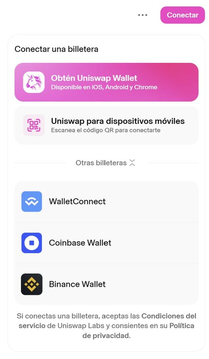 Conectar billeteras a Uniswap