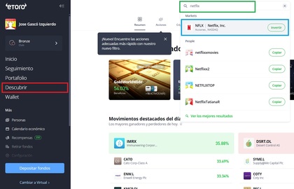 Pantallazo de eToro que muestra como buscar acciones de eToro