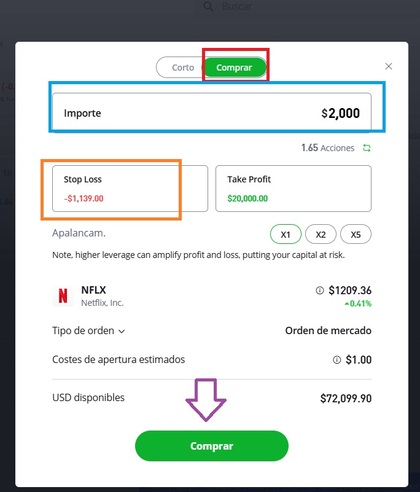 Pantallazo que muestra como establecer una orden de compra en eToro
