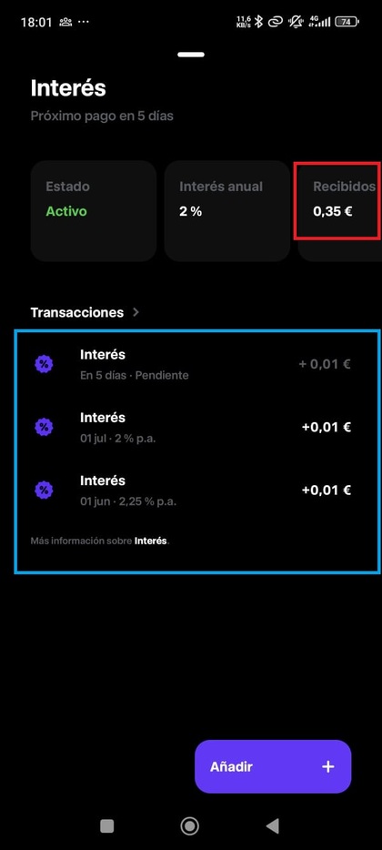 Pantallazo que muestra los intereses cobrados en Trade Republic mes a mes.