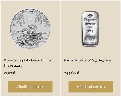 Imagen que muestra una moneda y un lingote de plata que puedes comprar en Degussa