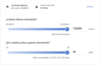 En el simulador de hipotecas Abanca, estableces que tipo de vivienda se trata (habitual o segunda residencia), seleccionas la edad del titular más joven y por último seleccionas el importe que deseas financiar y durante cuanto tiempo quieres devolverlo.
