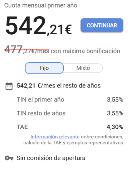 Resultados del simulador para la financiación de 120.000€ a devolver en 30 años