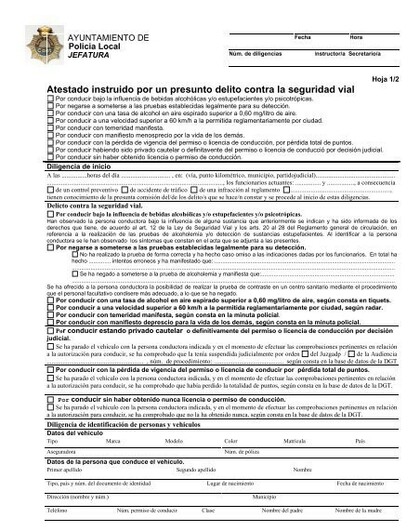 Atestado policial en el que se detallan las posibles causas del accidente y que el agente debe rellenar con los datos de todo lo sucedido así como la inclusión de pruebas