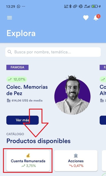 Imagen de la App de Vesto que muestra su cuenta remunerada al 3,75% TAE