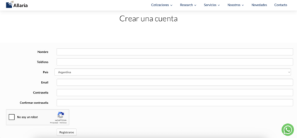 Captura de registro de correo desde la web de Allaria