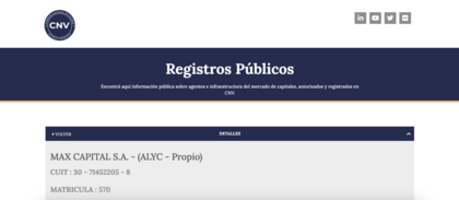 Captura de Max Capital en el registro público de la CNV