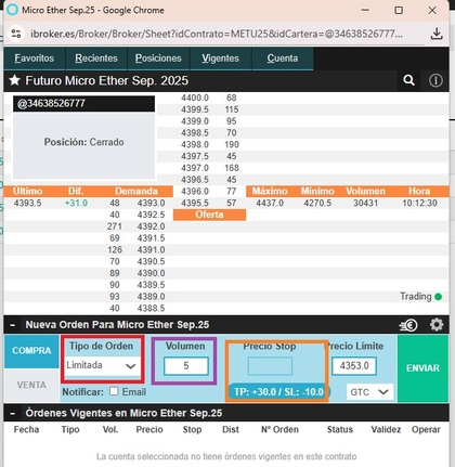 Pantallazo que muestra la configuración de un micro futuro Ether
