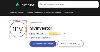 Pantallazo que muestras las opiniones de los usuarios de MyInvestor a través del foro de Trustpilot