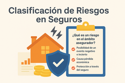 lustración con una casa, un escudo y un portapapeles que explica qué es un riesgo en seguros: posibilidad de un evento negativo e incierto, causa de pérdida económica y protección a través del seguro.