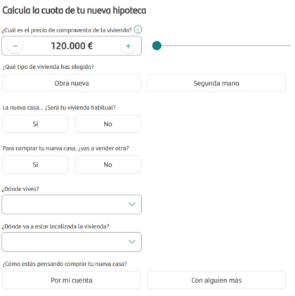 Pantalla del simulador de hipoteca Santander donde se introducen datos como el precio de la vivienda, tipo de inmueble, localización y forma de compra para calcular la cuota.