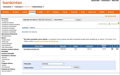 Pantallazo que muestra el centro de trading de acciones del broker de Bankinter