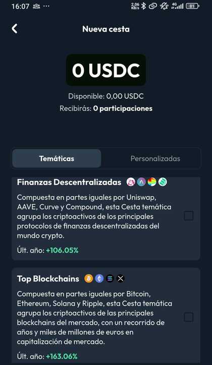 Imagen que muestras los 4 tipos de cestas preconfiguradas de criptomonedas de las que dispone Criptan