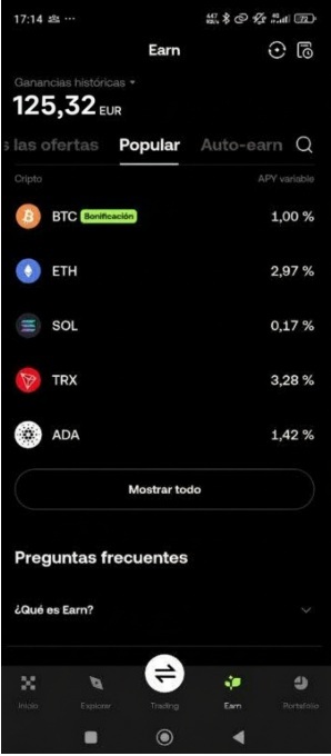 Pantallazo de okx donde se muestra como ganar dinero con criptomonedas (staking)