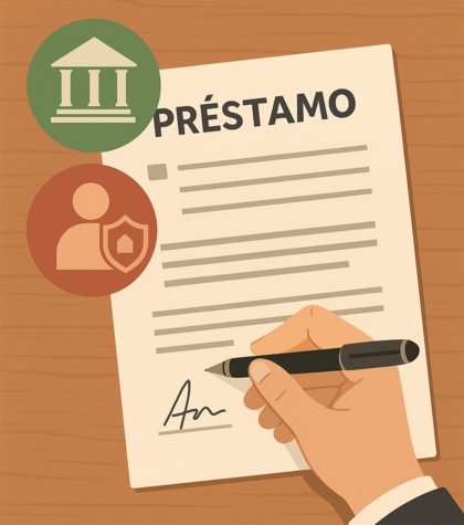 Mano firmando un documento de préstamo con iconos de banco y avalista representando la responsabilidad financiera.