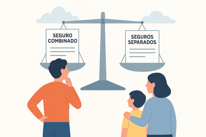 Ilustración de un hombre, una mujer y un niño frente a una balanza con dos documentos: “Seguro combinado” y “Seguros separados”, representando el dilema de elegir la mejor opción.